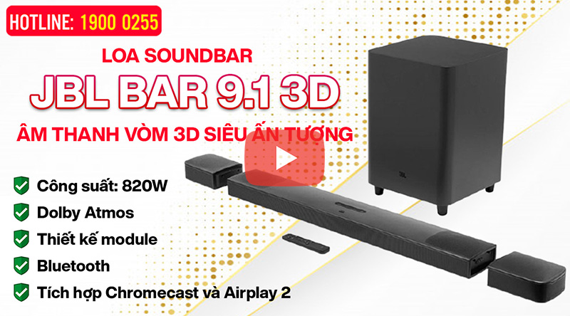 Loa Soundbar JBL BAR 9.1 3D – Âm thanh vòm 3D, 820W, Dolby Atmos, Chromecast và Airplay 2, Bluetooth